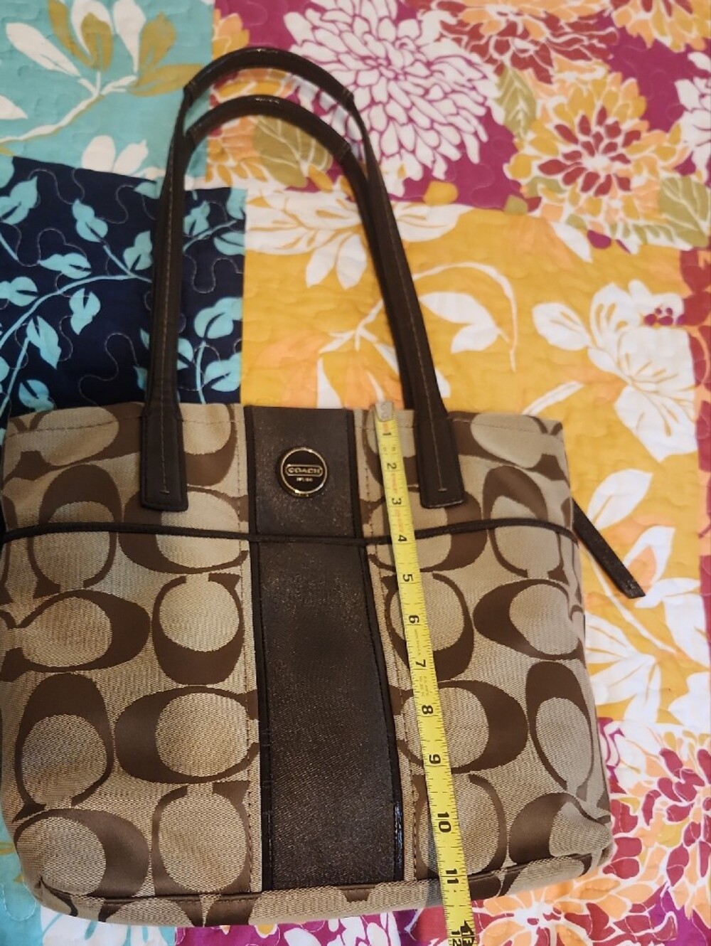 COACH Brown Signature Shoulder Tote with Dark Brown Trim - Picture 11 of 14
